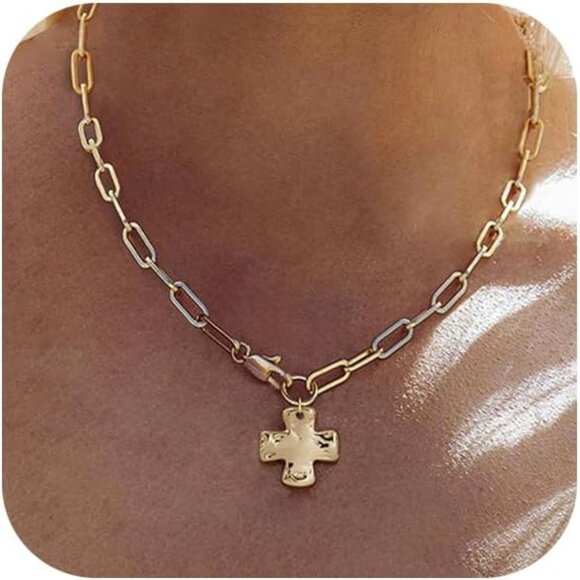 Chunky Cross Necklace Gold Silver Layered Statement Pendant Jewelry - Picture 1 of 9